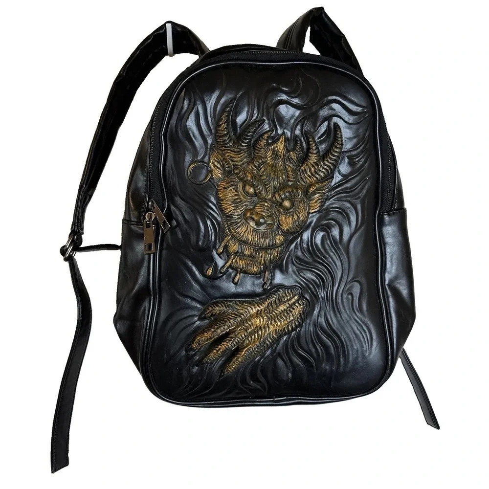 3D Embossed Dragon Backpack Gothic Horned Gargoyle Demon Face Punk Dark Fantasy